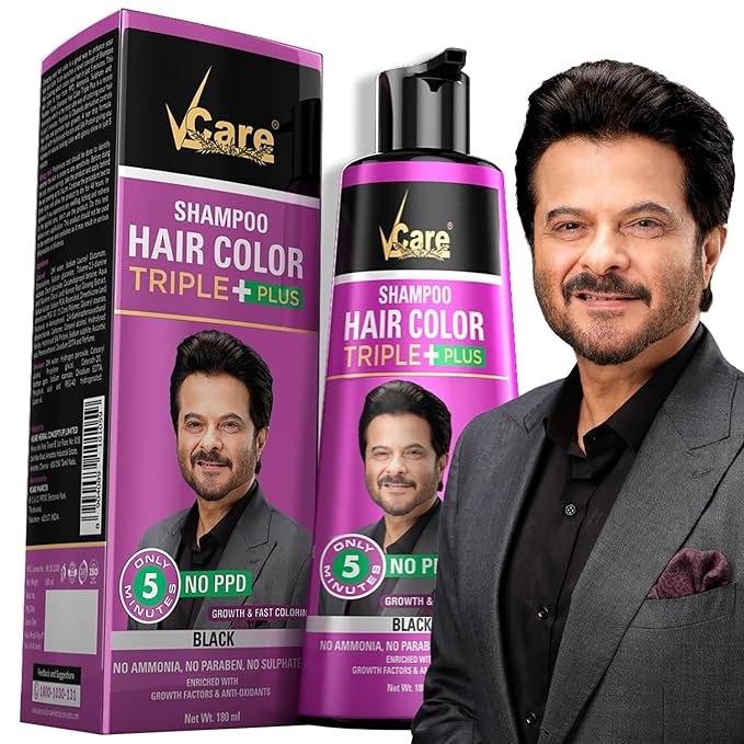 VCare Shampoo Hair Colour Shampoo-Black 180ml for Women and Men |Pump pack with Natural extracts | Colours hair in minutes|Enriched with growth factors & antioxidants, Ammonia free, Sulphate free