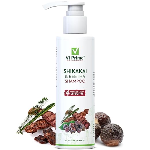 Vi Prime Health and Beauty Shikakai and Reetha Anti Dandruff Shampoo with Goodness of Amla, Hibiscus, Aloe Vera Herbal Shampoo for dry and Frizzy Hair | Anti Hair Fall Shampoo - 200 ml