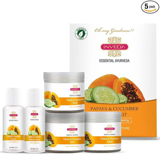 Inveda Papaya and Cucumber Facial Kit, Helps to Reduce Tan, Blemish & Dark Spots with Papaya, Cucumber, Shea Butter, Give Bright & Clear Skin, 500ml